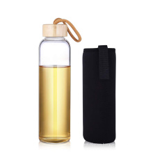 Bamboo lid heat resistant empty glass water bottle with string glass bottle with sleeve